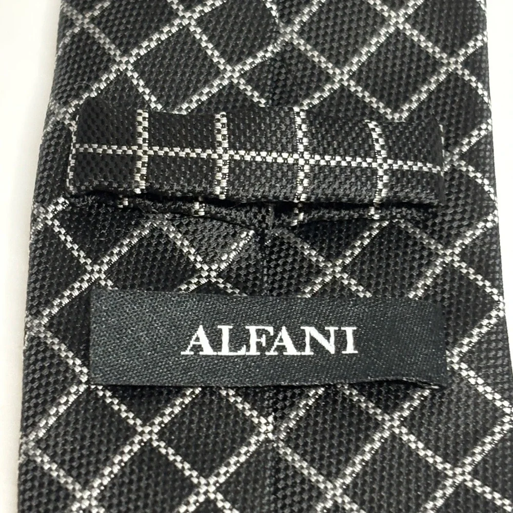 Alfani Necktie Men OS Black Silver Grid Pattern Geometric Tie Formal Classic